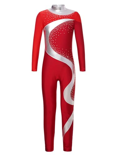 LiiYii Mädchen Glitzer Gymnastikanzug Langarm Turnanzug Leotards Akrobatik Anzug Ballett Tanzbody Trainingsanzug Ganzkörper Eiskunstlaufanzug Rot&Burgund 146-152 von LiiYii
