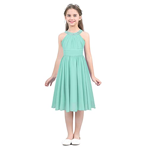 LiiYii Mädchen Kleid Chiffon Prinzessin Kleid Neckholder Festkleid Partykleid mit Strass Cocktailkleid Elegant Blumenmädchenkleider für Party Taufe Kommunion Geburtstag Minzgrün 176 von LiiYii