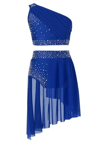 LiiYii Mädchen Lyrisch Tanzkleid Zweiteiler Crop Top und Rock Glitzer Ballettkleid Latein Tanzkleid Modern Dance Contemporary Tanzkleidung Blau 122-128 von LiiYii