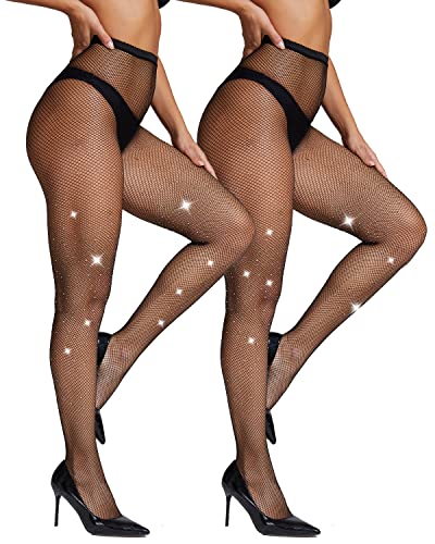 LiiYoang 2 PCS Glitzer Strumpfhose Damen Netzstrumpfhose Schwarz,Fischnetz Strumpfhosen Strass Glitzerstrumphose für Sexy Frauen | Nachtclub,Partystrumpf (2*Schwarz) von LiiYoang