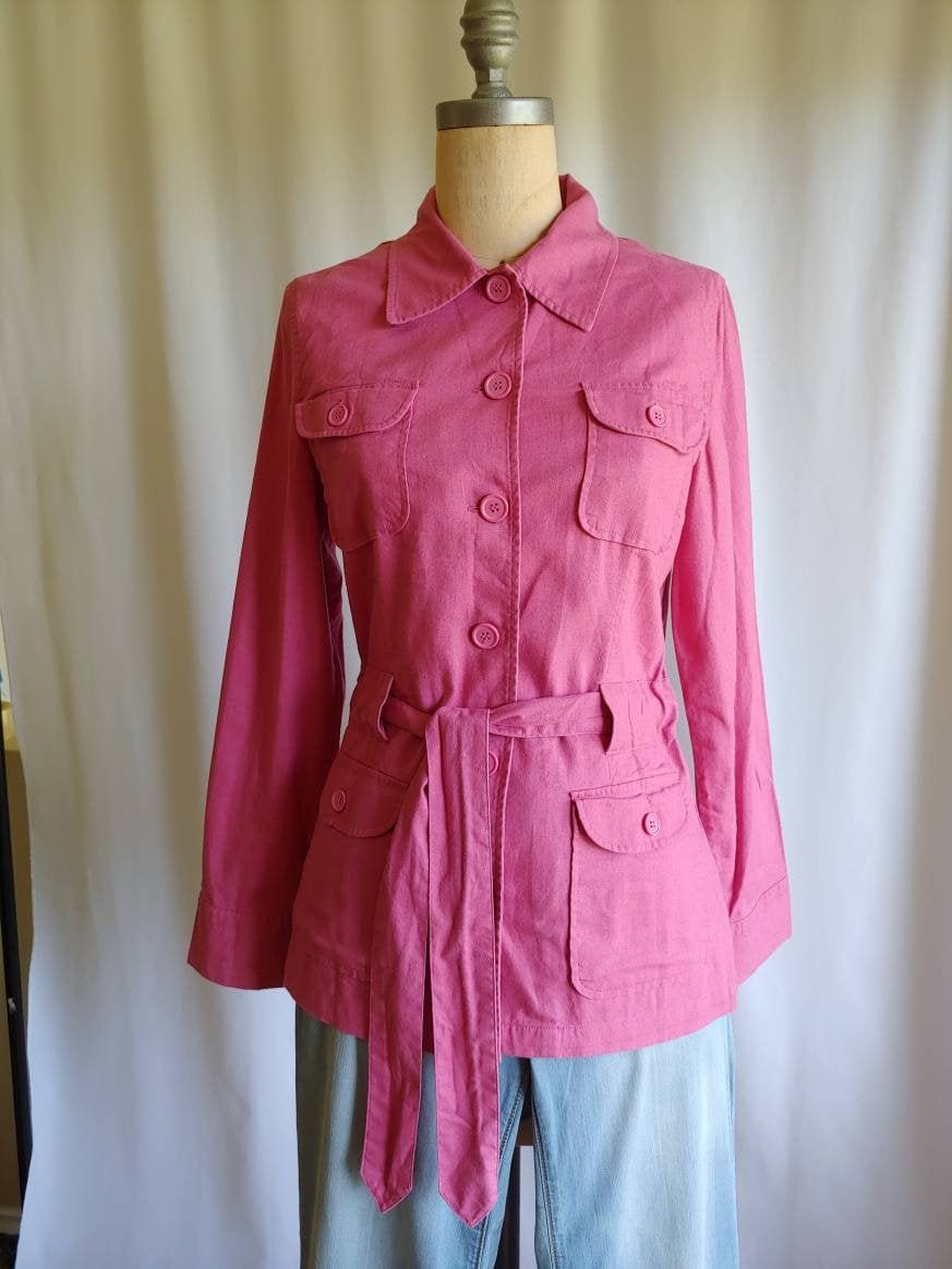 70Er Redoute France Leinen-Safarijacke, Blazer, Rosa Taschen, Krawattengürtel, Mittelgroß von Liinaloom