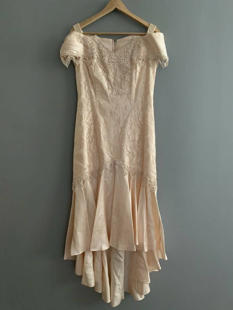 Betsey & Adam 20S Style Brautkleid Spitze Mermaid Schulterfrei Rauschendes Pearls Blush Pink Us Size 6 von Liinaloom