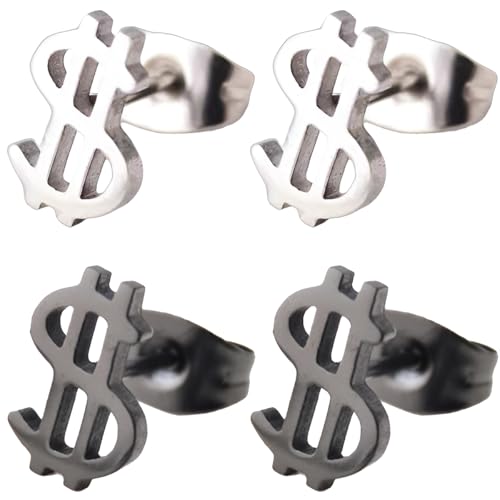 Liitata 2 Paar Gothic Dollar Zeichen Ohrstecker Edelstahl US Dollar Ohrstecker Hip Hop Punk Rock Ohrringe für Mädchen Frauen- Silber und Schwarz von Liitata