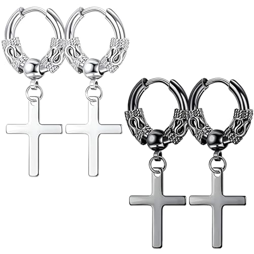 Liitata 2 Paar Gothic Kreuz Ohrringe Edelstahl Kreuz Ohrringe Hip Hop Punk Rock Earrings für Männer Frauen - Silber und Schwarz von Liitata