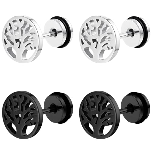 Liitata 2 Paar Gothic Lebensbaum Ohrstecker Edelstahl Baum des Lebens Ohrstecker Hip Hop Punk Rock Ohrringe für Mädchen Frauen- Silber und Schwarz von Liitata
