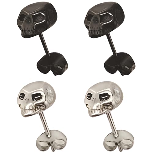 Liitata 2 Paar Gothic Schädel Ohrstecker Edelstahl Totenkopf Ohrstecker Hip Hop Punk Rock Ohrringe für Mädchen Frauen- Silber und Schwarz von Liitata