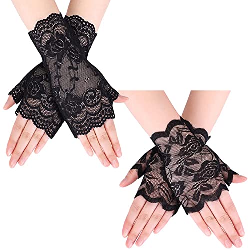 Liitata 2 Paar Kurze Spitze Handschuhe Blumen Fingerlose Handschuhe Retro Opera Party Handschuhe für Hochzeit Halloween Maskerade Karneval Thema Party - Schwarz Stil 1 von Liitata