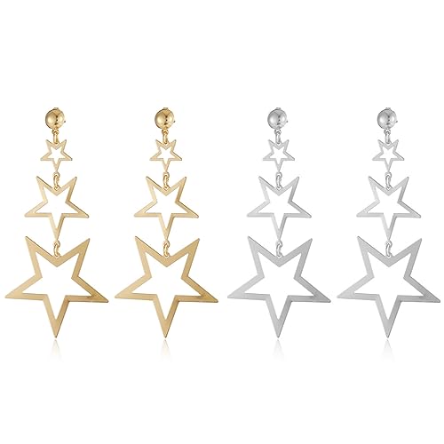 Liitata 2 Paar Metallic Geometrische Ohrringe Boho Stern Ohrringe Große Hohl Stern Ohrstecker Vintage Lang Dreifach Stern Ohrringe für Mädchen Frauen - Gold Silber von Liitata