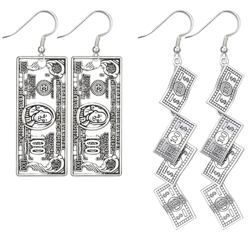 Liitata 2 Paar Vintage 100 Dollar Ohrringe Rechnung Geld Ohrringe Hip Hop Punk Rock Earrings für Frauen - Silber von Liitata