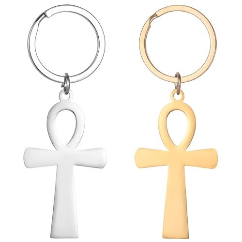 Liitata 2 Stück Ankh Kreuz Schlüsselanhänger Egyptian Cross Schlüsselbund Edelstahl Ankh Kreuz Anhänger Schlüsselring für Geburtstags Party - Gold und Silber von Liitata