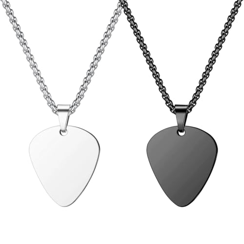 Liitata 2 Stück Gitarre Plektron Anhänger Halskette Edelstahl Guitar Plektrum Anhänger Kette Rock Punk Hip Hop Halsketten für Männer Frauen - Silber Schwarz von Liitata