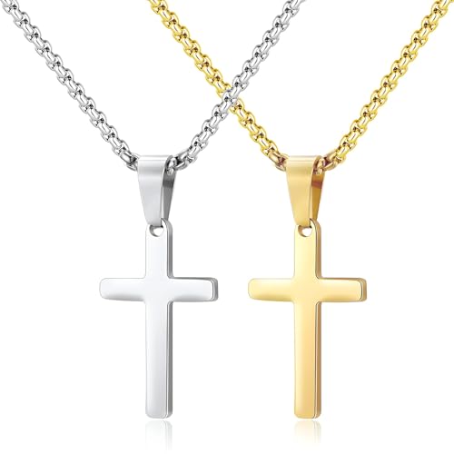 Liitata 2 Stück Kreuz Anhänger Halskette Edelstahl Kreuz Anhänger Kette Rock Gothic Punk Hip Hop Kette Talisman Halsketten für Männer Frauen - Gold Silber von Liitata