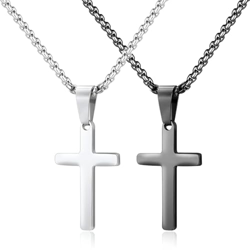 Liitata 2 Stück Kreuz Anhänger Halskette Edelstahl Kreuz Anhänger Kette Rock Gothic Punk Hip Hop Kette Talisman Halsketten für Männer Frauen - Silber Schwarz von Liitata
