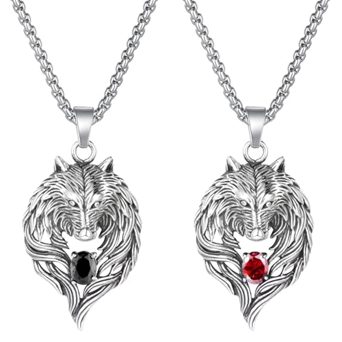 Liitata 2 Stück Wolfkopf Anhänger Halskette Wolf Anhänger Kette Rock Gothic Punk Hip Hop Halsketten für Männer Frauen - Rot Schwarz von Liitata