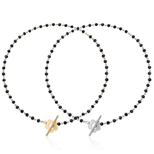 Liitata 2 Stücke Schwarze Perlen Choker Halskette Boho Kristall Schlüsselbein Halskette Blume Knebelverschluss Kette für Mädchen Frauen - Gold Silber von Liitata
