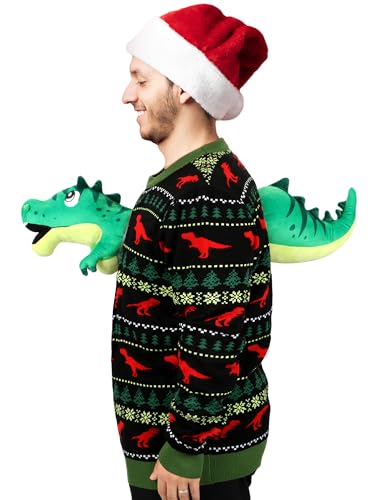 Liitrsh Adult Ugly Christmas Sweater Long Sleeve Dinosaur Knit Sweater 3D T Rex Christmas Sweater for Men Women Holiday Party, Hauptsächlich Schwarz, Rot und Grün, X-Large von Liitrsh