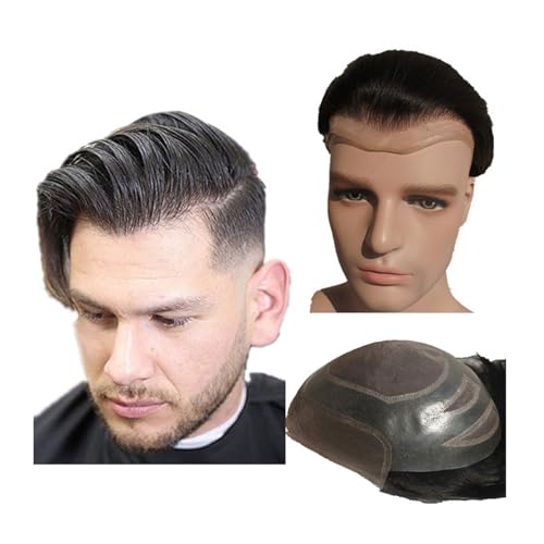 Herrenperücke 100% Echthaar-Toupet for Männer, Haarprothese, Herren, Schweizer Spitzenfront, mit PU rundherum, Haarersatzsystem glattes Haar(Off black) von Lijiaxiuyc-101