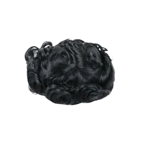 Herrenperücke 15MM Lockiges Atmungsaktives Ersatzkapillar-Toupet for Männer Schweizer Spitze Mit PU-Rückseite Syntems Prothese Haarteil Schwarz glattes Haar(1C#) von Lijiaxiuyc-101