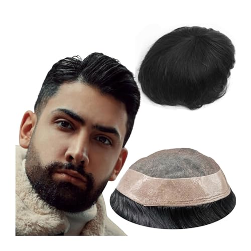 Herrenperücke #1B Off Black Toupet for Männer 8x10 Stück Herren Haarteil Ersatz 100% europäisches Echthaar Mono NPU System glattes Haar(7x9) von Lijiaxiuyc-101