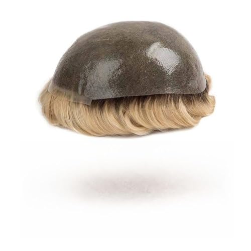 Herrenperücke Dünne Haut, männliche Haarprothese, weiche Voll-PU-Basis, Herren-Toupet, Doppelknoten, braune Wurzeln, Ombre-Blond, Haarteil-Perücke, indisches Echthaar-System, Einheiten glattes Haar(8x von Lijiaxiuyc-101