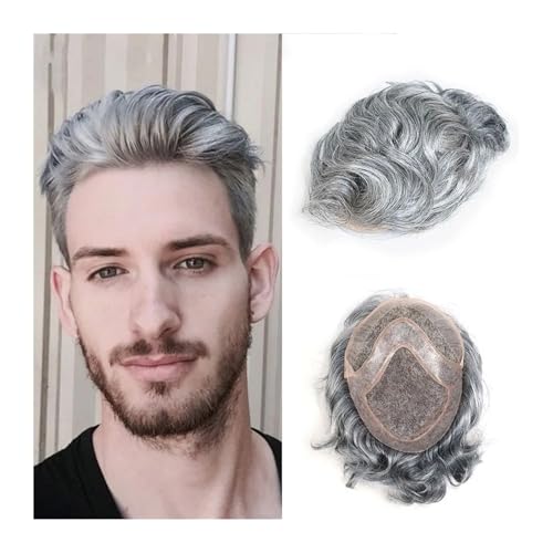 Herrenperücke Echthaar-Ersatzsystem, Toupet for Männer, feine Mono-Welle, männliche Perücken, Herrenprothese, 8 x 10 graue Haarteileinheiten glattes Haar(6#) von Lijiaxiuyc-101
