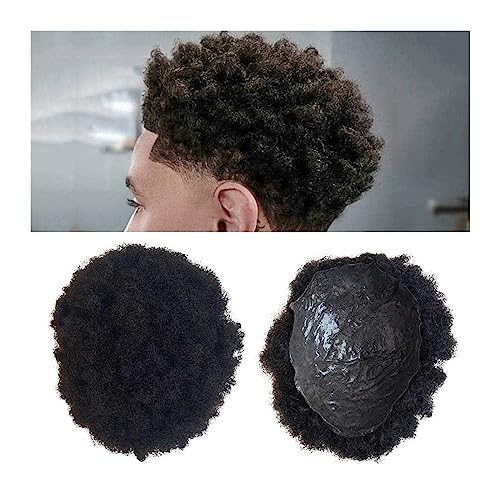 Herrenperücke Männer Toupet Volle Dünne Haut 0,04-0,06mm PU Basis Echthaar Perücke 4mm Afro Lockiges Haar Indisches Remy Haar System Männer Haarteil Natürliche Farbe glattes Haar(Natural Black 110%,7x von Lijiaxiuyc-101
