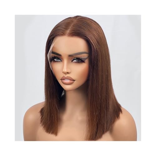 Perücken mit ordentlichem Pony für Frauen Bob-Perücken, Echthaar, schokoladenbraun, 13 x 4, Lace-Front-Perücken, 180% Dichte wellig lockig(12inches) von Lijiaxiuyc-101