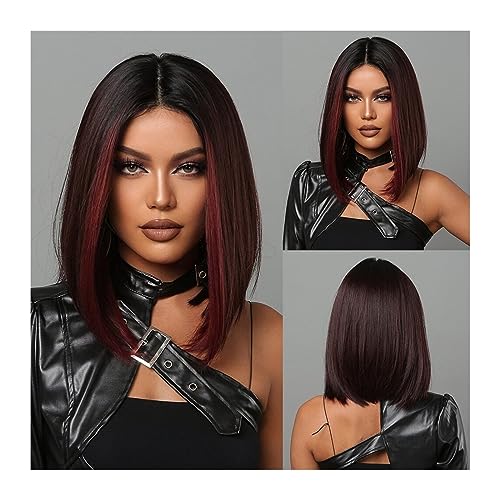 Perücken mit ordentlichem Pony für Frauen Bob-Perücken for Damen, kurze schwarze Bob-Perücke mit rotem Highlight im Mittelteil, for den täglichen Gebrauch wellig lockig von Lijiaxiuyc-101