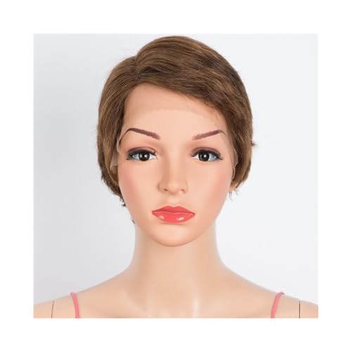 Perücken mit ordentlichem Pony für Frauen Gerade Pixie Cut Perücke Echthaar Perücken 13x6x1 Transparent Lace Front Kurze Perücke wellig lockig(Bruin) von Lijiaxiuyc-101