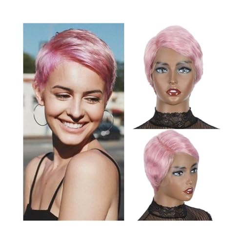 Perücken mit ordentlichem Pony für Frauen Gerade Pixie Cut Perücke Echthaar Perücken 13x6x1 Transparent Lace Front Kurze Perücke wellig lockig(Pink) von Lijiaxiuyc-101