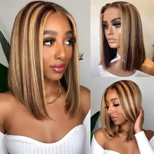 Perücken mit ordentlichem Pony für Frauen Kurze 13x4 Ombre Bob Perücke Echthaar Glatt 4/27 Honigblond Lace Front Perücken wellig lockig(16inches) von Lijiaxiuyc-101