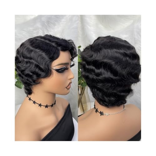 Perücken mit ordentlichem Pony für Frauen Kurze Perücken Echthaarperücken for Frauen Echthaar-Wellenperücke Echthaarperücke Maschinengefertigt wellig lockig von Lijiaxiuyc-101