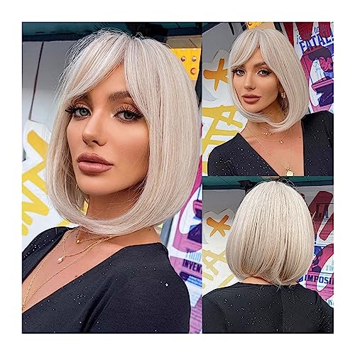 Perücken mit ordentlichem Pony für Frauen Kurze gerade weiße blonde Bob-Perücken mit Pony, Pixie-Schnitt, synthetische Perücke for Frauen, hitzebeständige Fasern, Cosplay, Lolita-Haar wellig lockig von Lijiaxiuyc-101