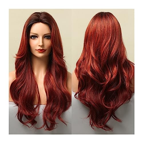 Perücken mit ordentlichem Pony für Frauen Lange gewellte Ombre-Rotbraun-Synthetik-Perücken for Frauen, hitzebeständig, natürlicher Mittelteil, Cosplay-Party, Lolita-Haar-Perücken wellig lockig von Lijiaxiuyc-101