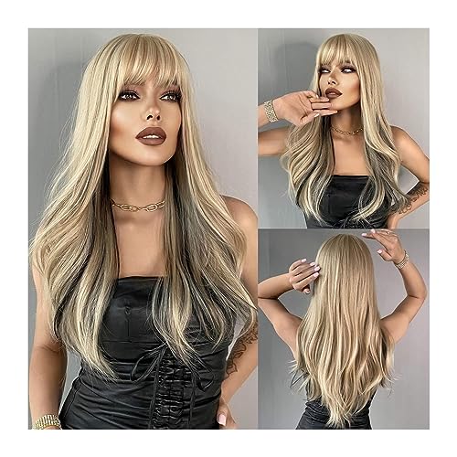 Perücken mit ordentlichem Pony für Frauen Lange gewellte lockige Perücken for Frauenhaar, Cosplay, Party, hitzebeständig, Kunsthaar, natürliche synthetische Perücke mit Pony wellig lockig von Lijiaxiuyc-101
