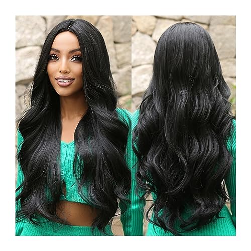 Perücken mit ordentlichem Pony für Frauen Lange synthetische schwarze Perücken, mittlerer Teil, natürliche dunkle Wellenhaar-Perücke for Frauen, tägliche Party, Cosplay, hitzebeständige Faser wellig l von Lijiaxiuyc-101