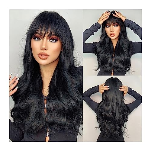 Perücken mit ordentlichem Pony für Frauen Natürliche schwarze lange gewellte synthetische Perücke mit Pony for Frauen, gewellt, dunkelbraune Perücken, Cosplay, tägliches Haar, hitzebeständig wellig lo von Lijiaxiuyc-101