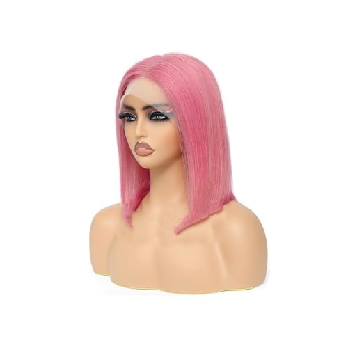 Perücken mit ordentlichem Pony für Frauen Rose Pink Kurze farbige Bob Echthaarperücken 13X4 Transparente Spitze Vorgezupfte Perücke wellig lockig(Hot Pink,12inches) von Lijiaxiuyc-101