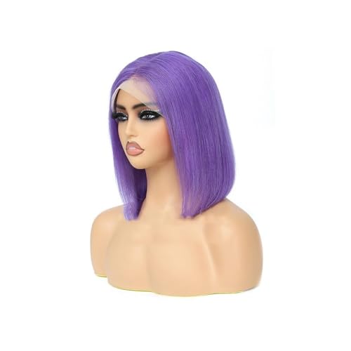 Perücken mit ordentlichem Pony für Frauen Rose Pink Kurze farbige Bob Echthaarperücken 13X4 Transparente Spitze Vorgezupfte Perücke wellig lockig(Rose Purple,10inches) von Lijiaxiuyc-101