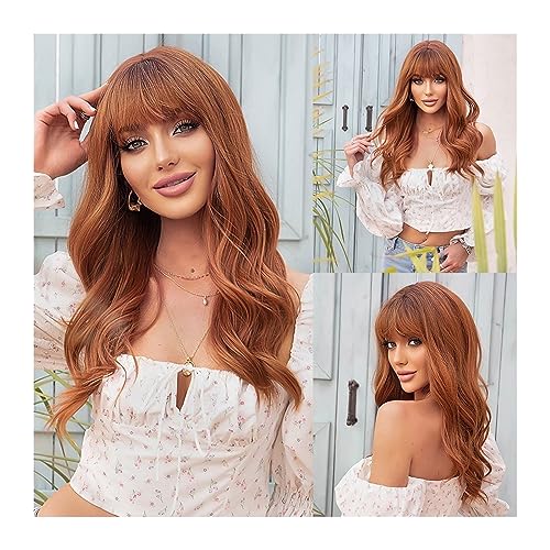 Perücken mit ordentlichem Pony für Frauen Rotbraune orangefarbene Kupferperücken mit Pony, lange wasserwellige synthetische Perücken for Frauen, Afro-Ingwer, Cosplay, tägliche hitzebeständige Perücke von Lijiaxiuyc-101