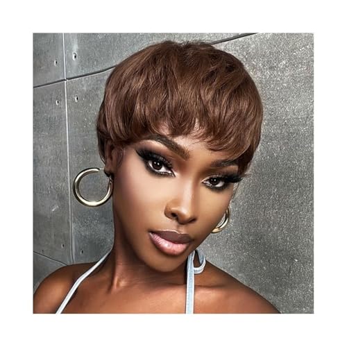 Perücken mit ordentlichem Pony für Frauen Schokoladenbraune kurze Perücke im Pixie-Schnitt, Echthaar, maschinengefertigte Perücken mit Pony wellig lockig(Chocolate Brown) von Lijiaxiuyc-101