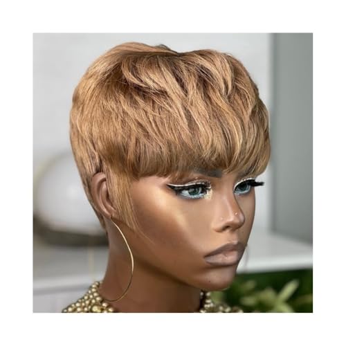 Perücken mit ordentlichem Pony für Frauen Schokoladenbraune kurze Perücke im Pixie-Schnitt, Echthaar, maschinengefertigte Perücken mit Pony wellig lockig(Light Brown) von Lijiaxiuyc-101