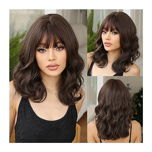 Perücken mit ordentlichem Pony für Frauen Schulterlange gewellte dunkelbraune Perücke mit Pony, synthetische Wasserwelle, Cosplay, tägliche Perücken for Frauen, Afro, hitzebeständiges Naturhaar wellig von Lijiaxiuyc-101