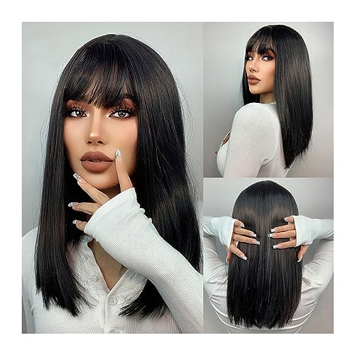 Perücken mit ordentlichem Pony für Frauen Schwarze mittellange gerade synthetische Perücke, kurze Bob-Perücken mit Pony for weiße Afro-Frauen, natürliches, tägliches, hitzebeständiges Haar wellig lock von Lijiaxiuyc-101