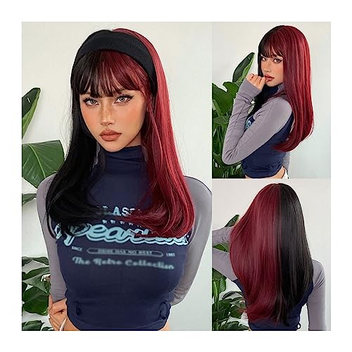 Perücken mit ordentlichem Pony für Frauen Schwarze und dunkelrote lange gerade Kunsthaar-Perücken mit Pony, Cosplay-Party, Halloween, zweifarbige Perücke for Frauen, hitzebeständig wellig lockig von Lijiaxiuyc-101