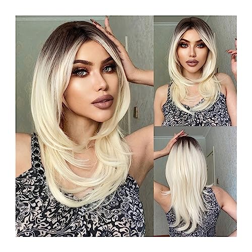 Perücken mit ordentlichem Pony für Frauen Synthetische Perücken, lange, gerade, platinblonde Ombre-Perücken mit Pony for Frauen, tägliche Cosplay-Party, geschichtete Haarperücke, hitzebeständig wellig von Lijiaxiuyc-101
