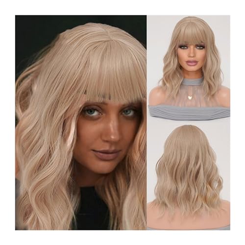 Perücken mit ordentlichem Pony für Frauen Täglicher Gebrauch Damen Urlaub Party Hochwertige natürliche schwarze Perücke Lange lockige Bob synthetische hitzebeständige Perücke Natürliche gewellte Ponyp von Lijiaxiuyc-101