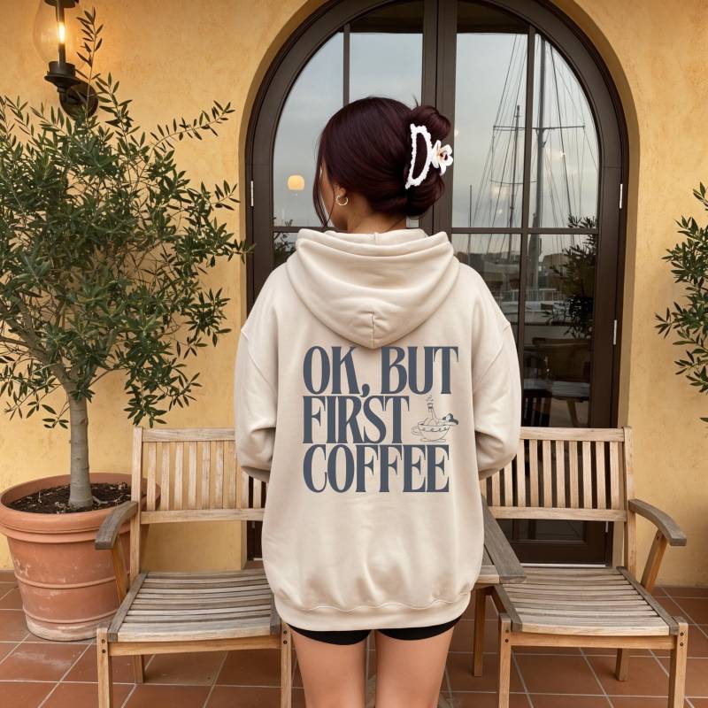 Coffee Lover Hoodie, Ok But First Caffeine Addict Pullover, Obsessed Jumper, Coffeeholic Shirt von LikaDesignsCo