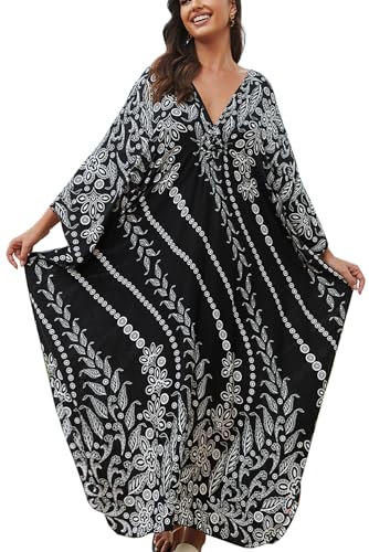 LikeJump Damen-Bademantel, Kaftan, Kimono, Hauskleidung, Bademantel, Strand-Maxikleid, Bikini-Überzug, B Schwarz Weiß, One size von LikeJump