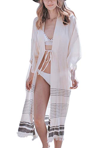 LikeJump Damen Baumwolle Boho Kimono Kleid Strandkleid Lang Sommerkleid Bikini Cover Up von LikeJump